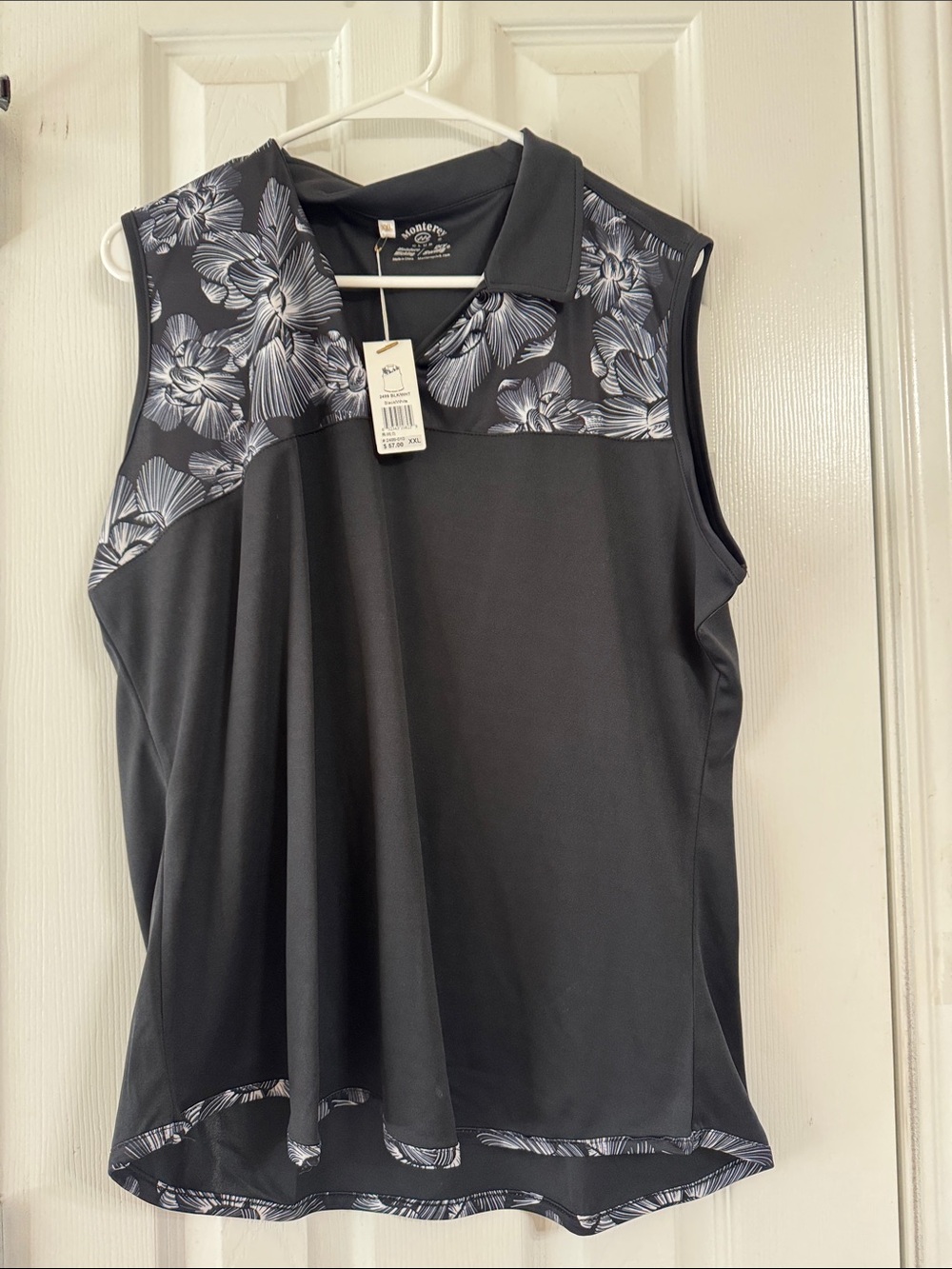 Jones New York Black Sleeveless Polo Tank with Gray Floral Yoke